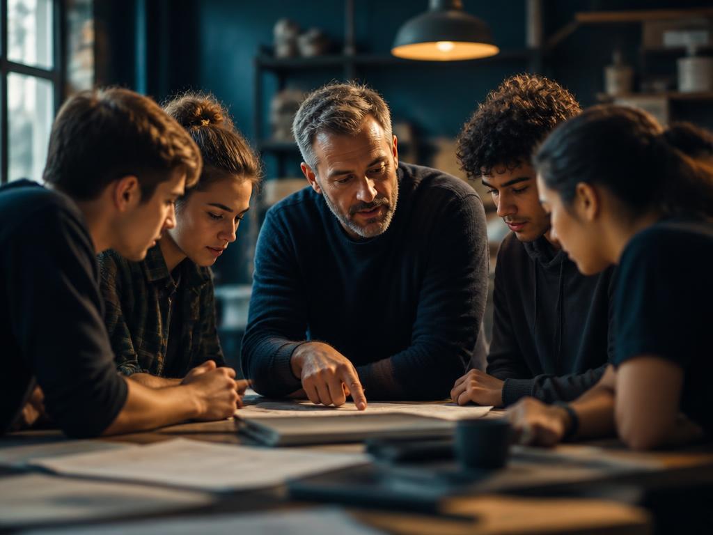 Educador orientando um grupo de jovens aprendizes ao redor de uma mesa
